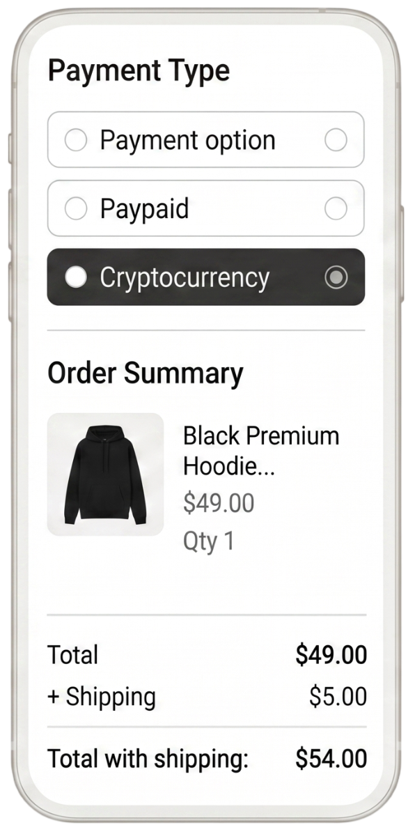 LiveOnCrypto crypto payment option inside a company checkout screen